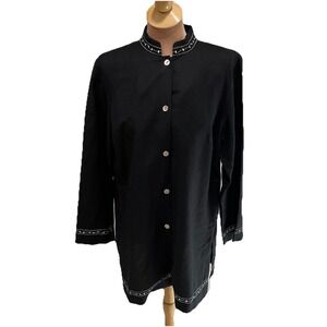 J H Collectibles Black Linen Blend Tunic Embroidered Button Up Minimalist‎